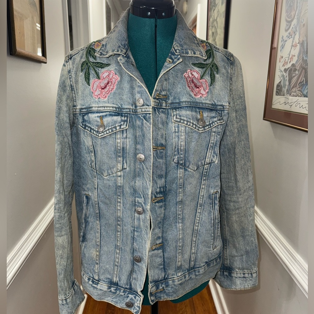 H&M Blue Jean Jacket with Pink Floral Embroidery